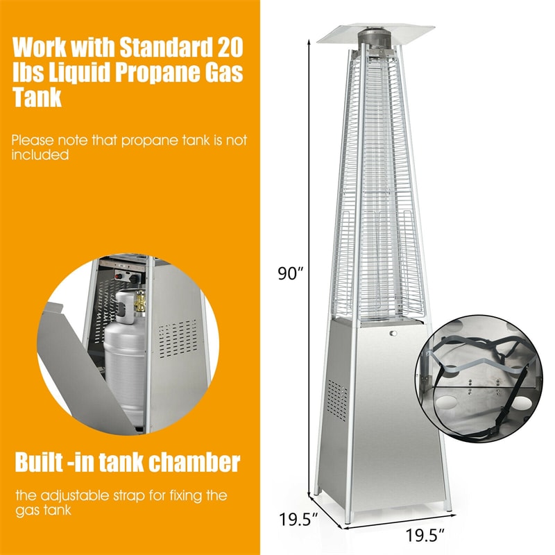90" Tall Pyramid Patio Heater 42,000 BTU Stainless Steel Propane Outdoor Heater Quartz Glass Tube Flame with Wheels