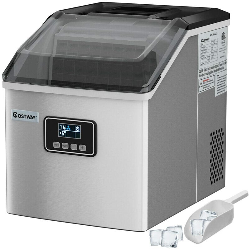 48LBS/24H Countertop Ice Maker Stainless Steel Portable Ice Maker Machine with Self-Clean Function LCD Display Ice Scoop Basket
