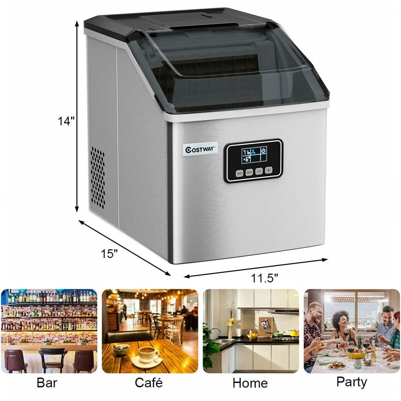 48LBS/24H Countertop Ice Maker Stainless Steel Portable Ice Maker Machine with Self-Clean Function LCD Display Ice Scoop Basket
