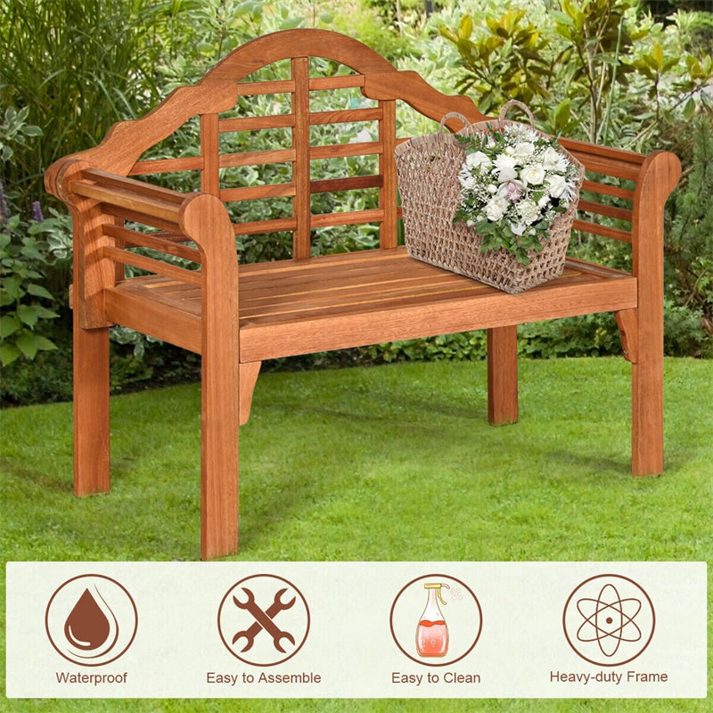 Outdoor Wood Queen Bench 49" Folding Eucalyptus Wood Garden Bench Patio Loveseat Chair with Backrest & Armrest