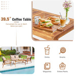 4 PCS Rattan Patio Chat Set Acacia Wood Coffee Table Chair Set with Seat Back Cushions