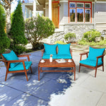 4 PCS Rattan Patio Chat Set Acacia Wood Coffee Table Chair Set with Seat Back Cushions