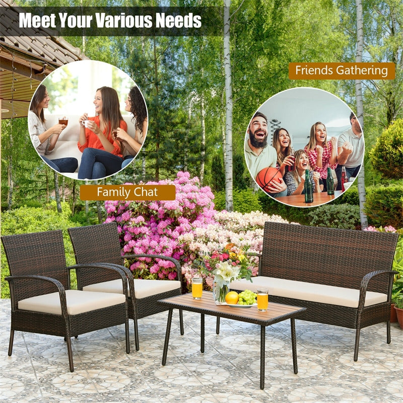 4PCS Patio Rattan Furniture Set Outdoor Conversation Set with Acacia Wood Coffee Table & Cushions