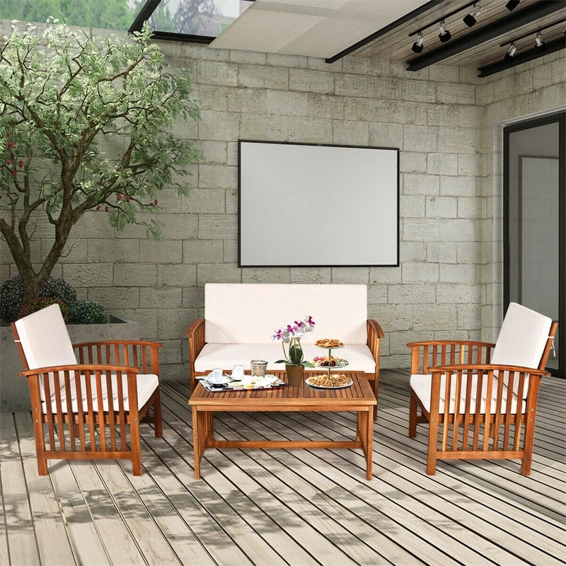 4 Pcs Acacia Wood Patio Conversation Set Outdoor Seating Group with Coffee Table & Cushions