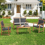 4 Pcs Acacia Wood Wicker Patio Conversation Set Rattan Outdoor Loveseat Furniture Set with Coffee Table & 2 Chairs