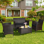 4 Pcs Rattan Patio Conversation Set Wicker Outdoor Furniture Set with Cushions & Coffee Table