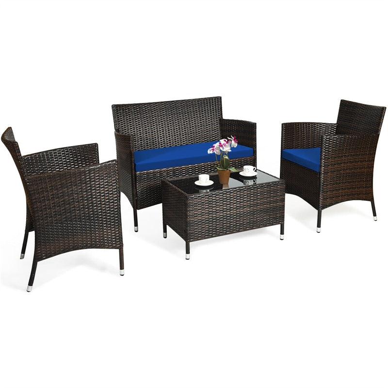 4 Pcs Outdoor Rattan Patio Conversation Set Wicker Furniture Set with Coffee Table and Cushioned Sofas