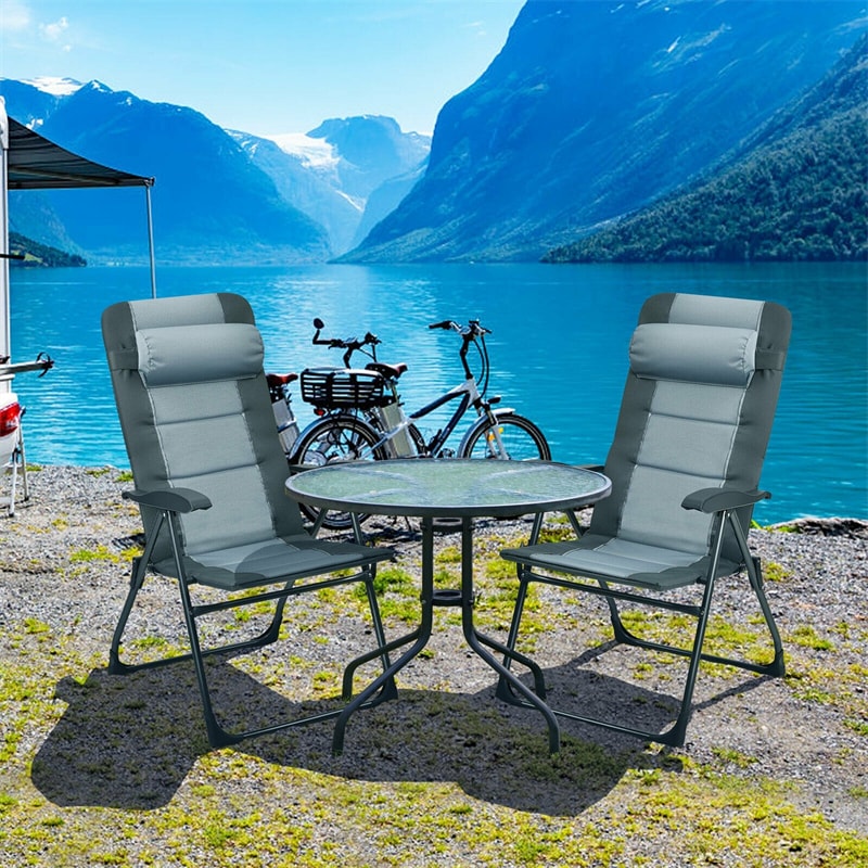 4 Pcs Patio Folding Recliner Chair with 2 Footstools, Outdoor Camping Chair with 7-Position Adjustable Backrest Headrest Mesh Bag