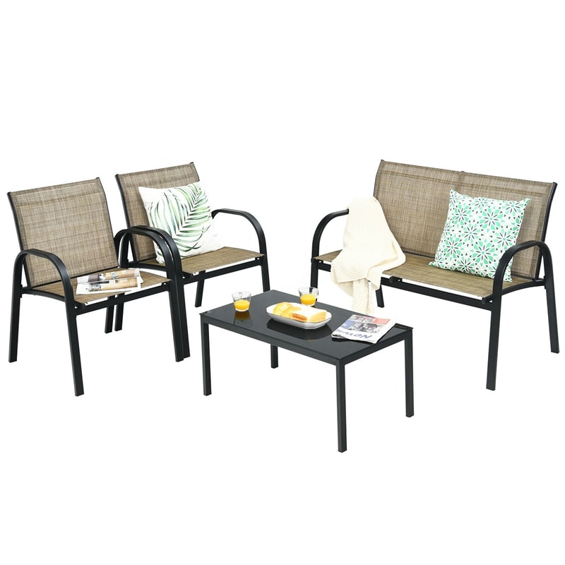 4 Pcs Patio Furniture Set Garden Patio Conversation Set with Glass Top Coffee Table