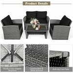 4PCS Patio Rattan Furniture Set Outdoor Conversation Set Wicker Sectional Loveseat Sofa Set with Cushions, Tempered Glass Table, Storage Shelf