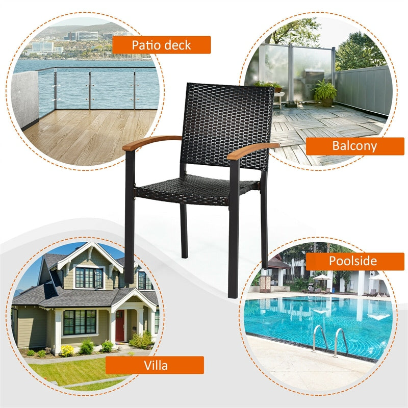 4 Pcs Stackable Outdoor Chairs Rattan Patio Dining Chairs with Galvanized Steel Frame