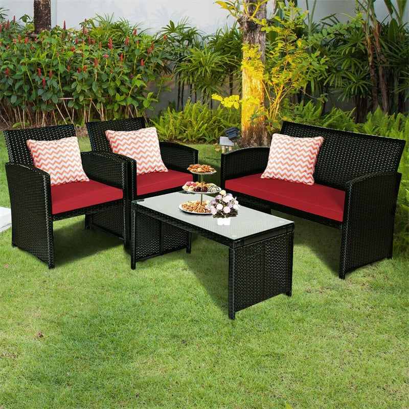 4-Piece Rattan Patio Furniture Set, Weather-Resistant Outdoor Wicker Conversation Sofa with Cushions & Tempered Glass Table for Backyard - Bestoutdor