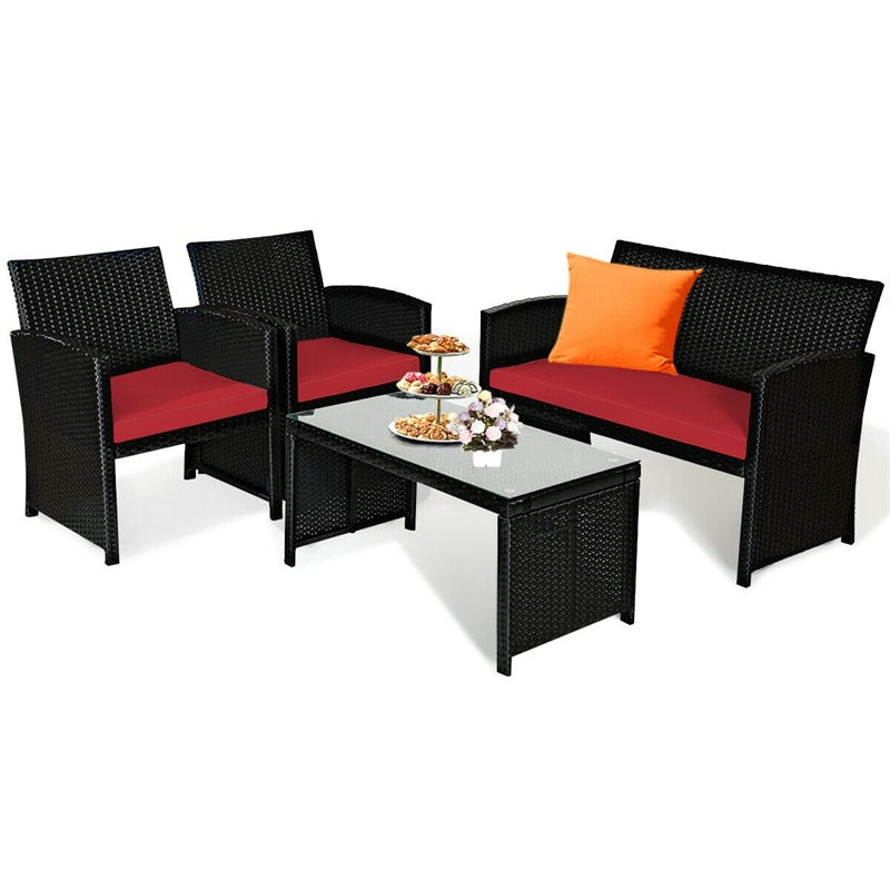 4-Piece Rattan Patio Furniture Set, Weather-Resistant Outdoor Wicker Conversation Sofa with Cushions & Tempered Glass Table for Backyard - Bestoutdor