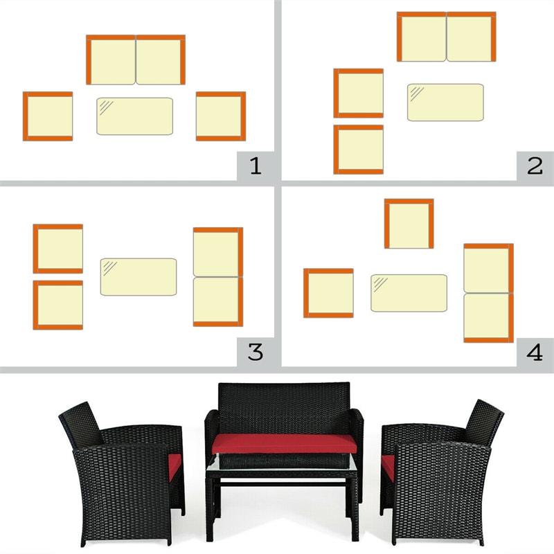 4-Piece Rattan Patio Furniture Set, Weather-Resistant Outdoor Wicker Conversation Sofa with Cushions & Tempered Glass Table for Backyard - Bestoutdor