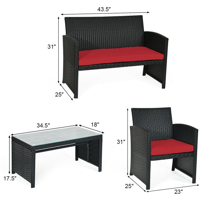 4-Piece Rattan Patio Furniture Set, Weather-Resistant Outdoor Wicker Conversation Sofa with Cushions & Tempered Glass Table for Backyard - Bestoutdor