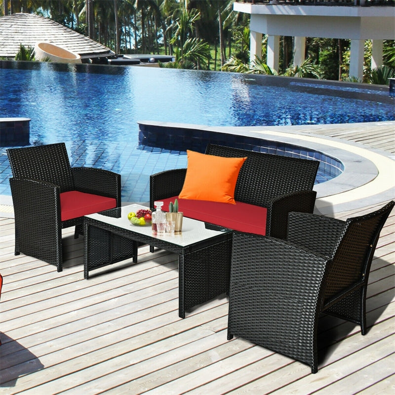 4-Piece Rattan Patio Furniture Set, Weather-Resistant Outdoor Wicker Conversation Sofa with Cushions & Tempered Glass Table for Backyard - Bestoutdor