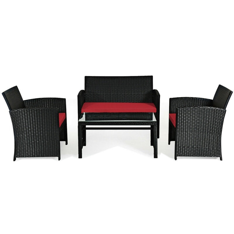 4 Pcs Wicker Patio Conversation Set Outdoor Rattan Sofa Table Set with Cushions