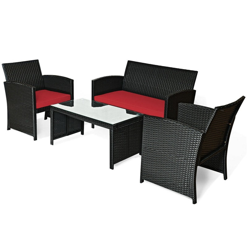 4-Piece Rattan Patio Furniture Set, Weather-Resistant Outdoor Wicker Conversation Sofa with Cushions & Tempered Glass Table for Backyard - Bestoutdor