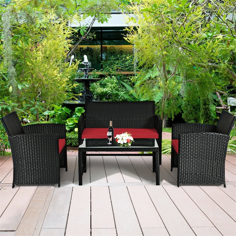 4-Piece Rattan Patio Furniture Set, Weather-Resistant Outdoor Wicker Conversation Sofa with Cushions & Tempered Glass Table for Backyard - Bestoutdor