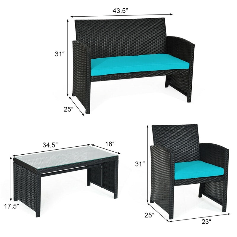 4-Piece Rattan Patio Furniture Set, Weather-Resistant Outdoor Wicker Conversation Sofa with Cushions & Tempered Glass Table for Backyard - Bestoutdor