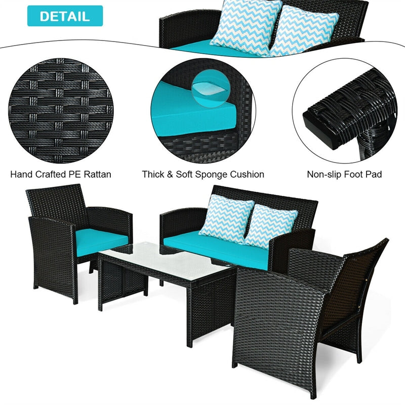 4-Piece Rattan Patio Furniture Set, Weather-Resistant Outdoor Wicker Conversation Sofa with Cushions & Tempered Glass Table for Backyard - Bestoutdor