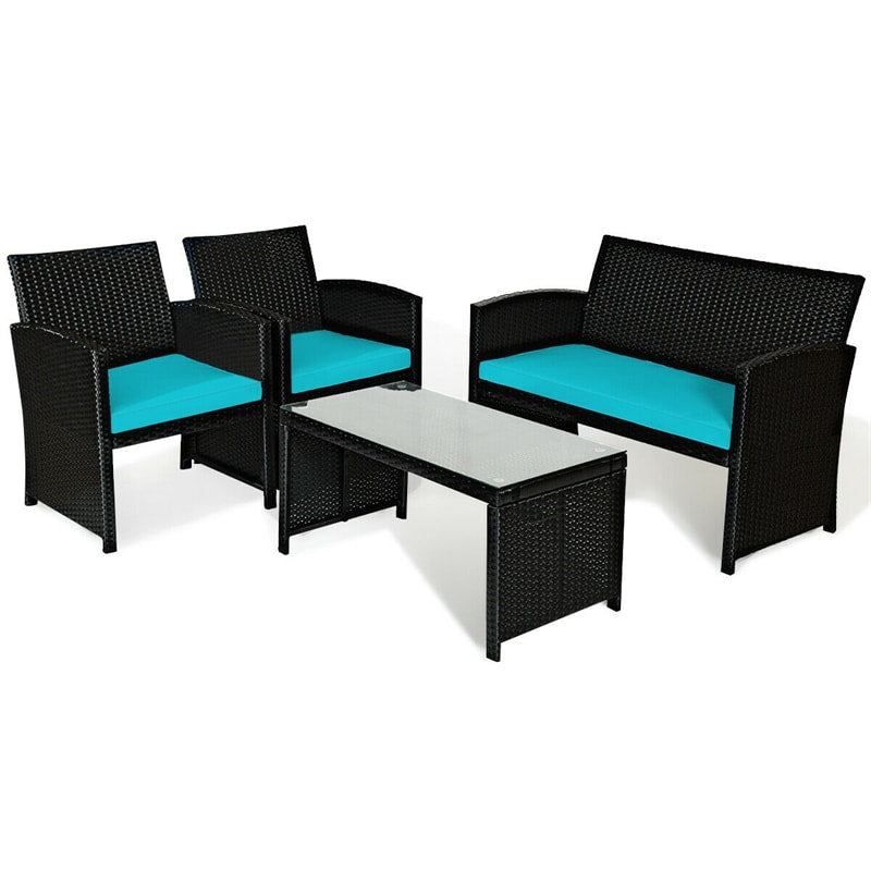 4-Piece Rattan Patio Furniture Set, Weather-Resistant Outdoor Wicker Conversation Sofa with Cushions & Tempered Glass Table for Backyard - Bestoutdor
