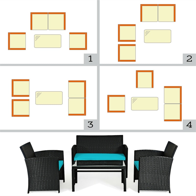 4-Piece Rattan Patio Furniture Set, Weather-Resistant Outdoor Wicker Conversation Sofa with Cushions & Tempered Glass Table for Backyard - Bestoutdor