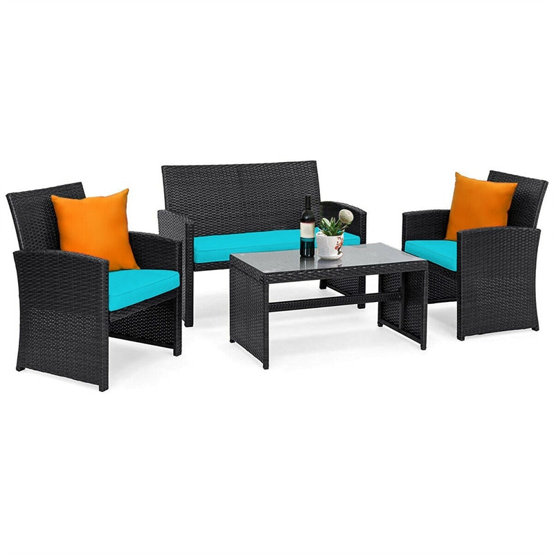 4-Piece Rattan Patio Furniture Set, Weather-Resistant Outdoor Wicker Conversation Sofa with Cushions & Tempered Glass Table for Backyard - Bestoutdor