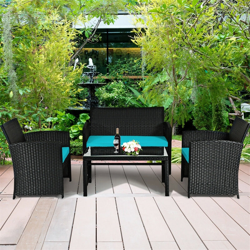4-Piece Rattan Patio Furniture Set, Weather-Resistant Outdoor Wicker Conversation Sofa with Cushions & Tempered Glass Table for Backyard - Bestoutdor