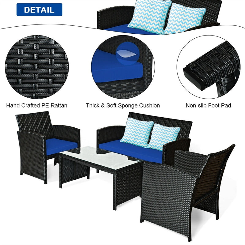 4-Piece Rattan Patio Furniture Set, Weather-Resistant Outdoor Wicker Conversation Sofa with Cushions & Tempered Glass Table for Backyard - Bestoutdor