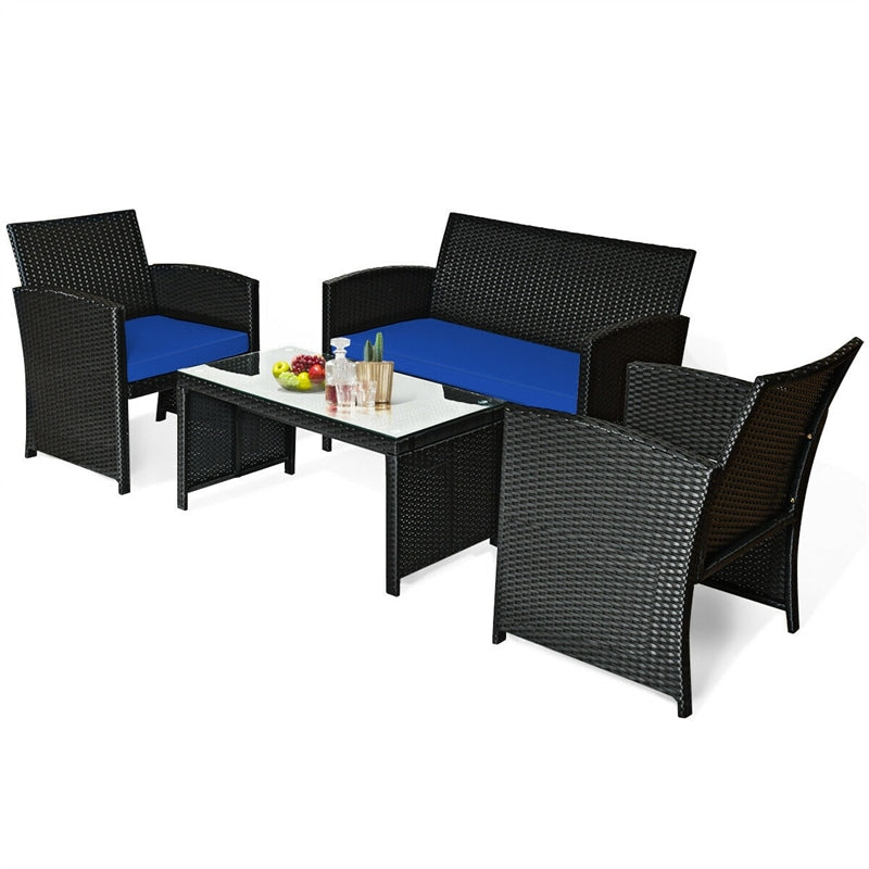 4-Piece Rattan Patio Furniture Set, Weather-Resistant Outdoor Wicker Conversation Sofa with Cushions & Tempered Glass Table for Backyard - Bestoutdor