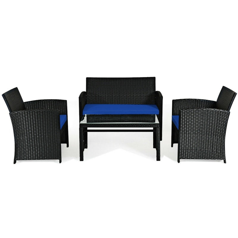 4-Piece Rattan Patio Furniture Set, Weather-Resistant Outdoor Wicker Conversation Sofa with Cushions & Tempered Glass Table for Backyard - Bestoutdor