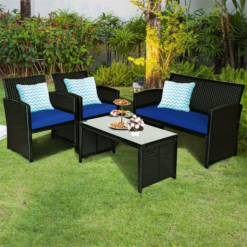4-Piece Rattan Patio Furniture Set, Weather-Resistant Outdoor Wicker Conversation Sofa with Cushions & Tempered Glass Table for Backyard - Bestoutdor
