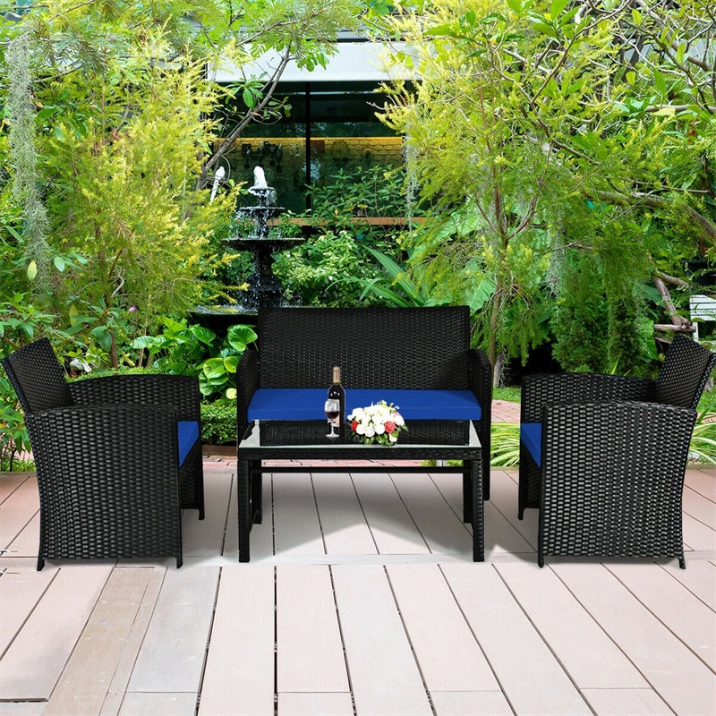 4-Piece Rattan Patio Furniture Set, Weather-Resistant Outdoor Wicker Conversation Sofa with Cushions & Tempered Glass Table for Backyard - Bestoutdor