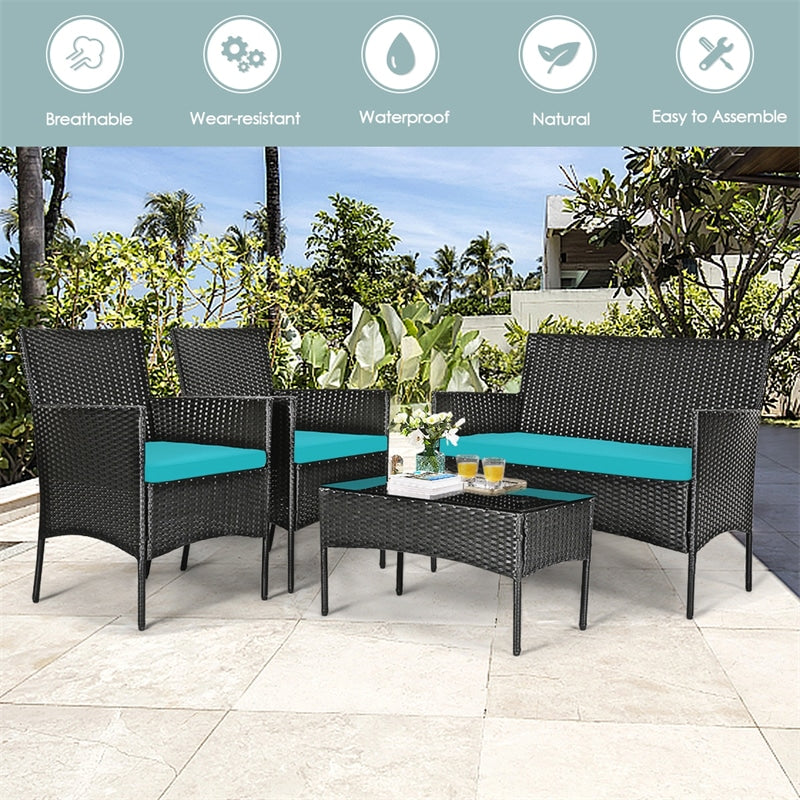 4 Pcs Wicker Patio Conversation Set Rattan Furniture Set with Loveseat & Tempered Glass Coffee Table
