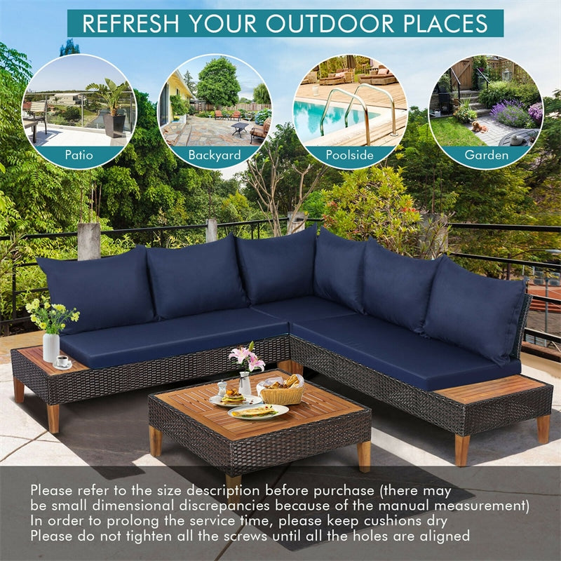 4 Piece Acacia Wood Outdoor PE Rattan Sectional Sofa Set Patio Conversation Set with Coffee Table