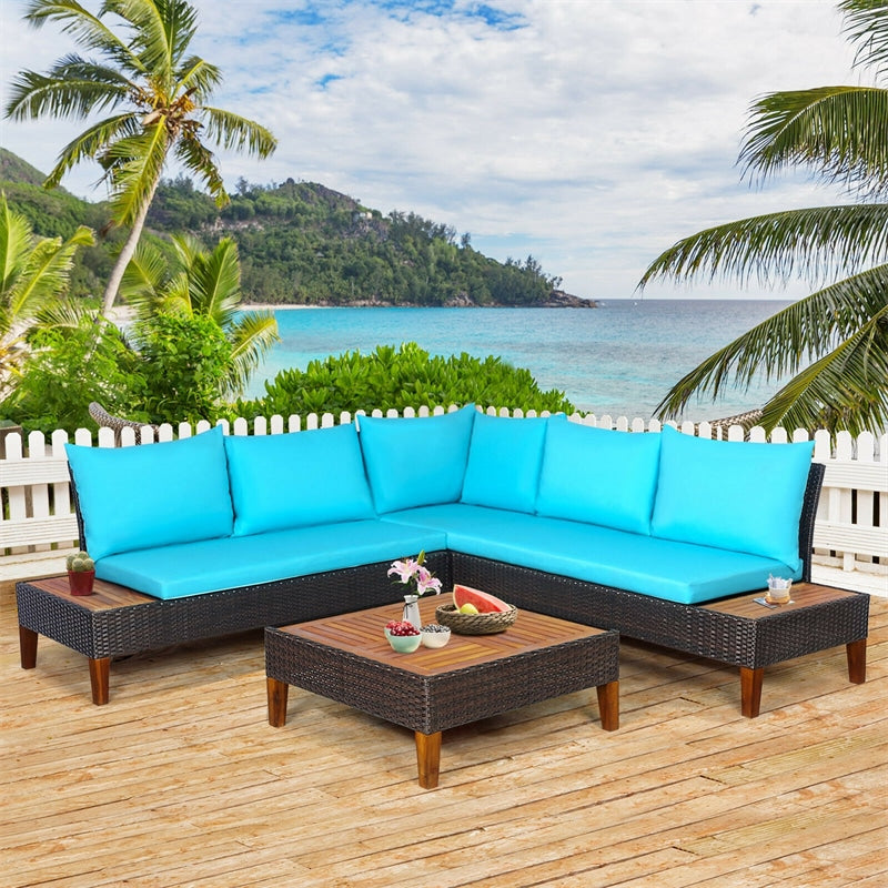 4 Piece Patio Rattan Furniture Set Acacia Wood Outdoor Sectional Sofa Loveseat Conversation Set with Wooden Side Table, Back & Seat Cushions