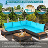 4 Piece Patio Rattan Furniture Set Acacia Wood Outdoor Sectional Sofa Loveseat Conversation Set with Wooden Side Table, Back & Seat Cushions