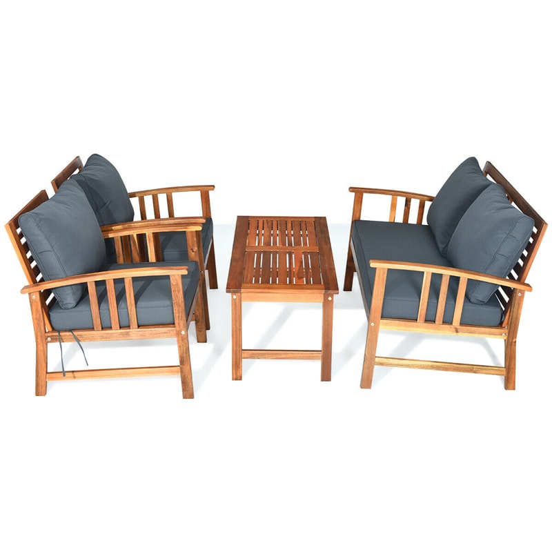 4 Piece Outdoor Acacia Wood Patio Conversation Set with Coffee Table & Seat Back Cushions