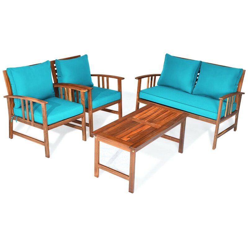 4 Piece Acacia Wood Patio Conversation Set Outdoor Loveseat Chairs with Coffee Table & Seat Back Cushions