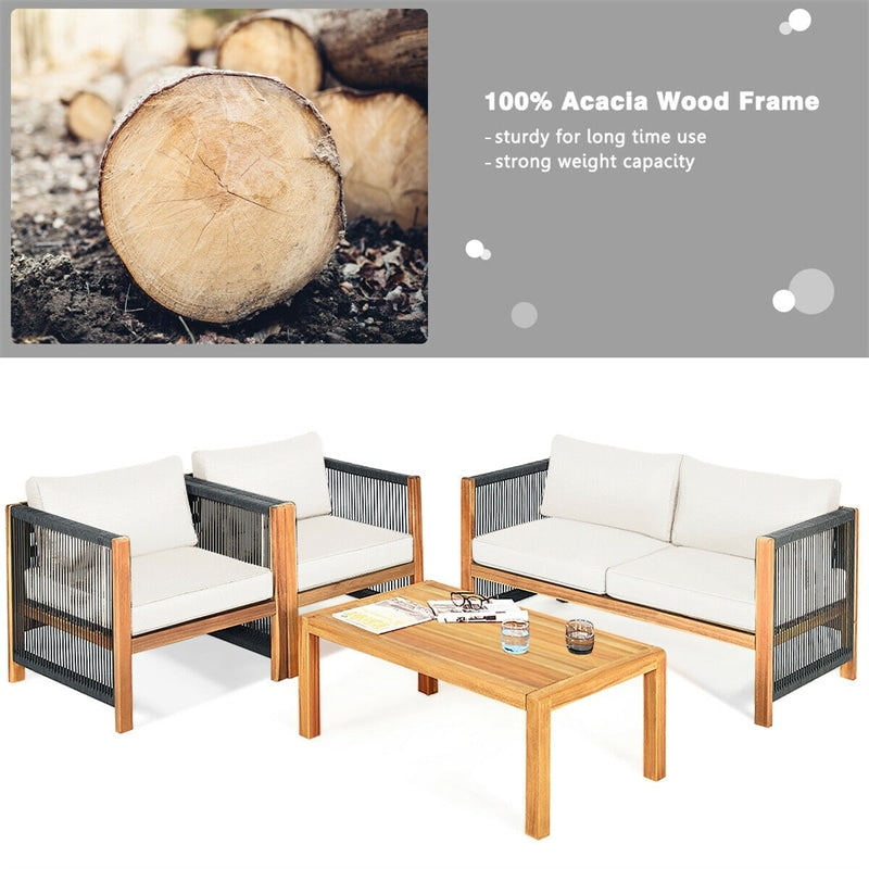 4 Piece Wood Patio Conversation Set Acacia Frame Outdoor Loveseat Sofa Set with Coffee Table & Cushions