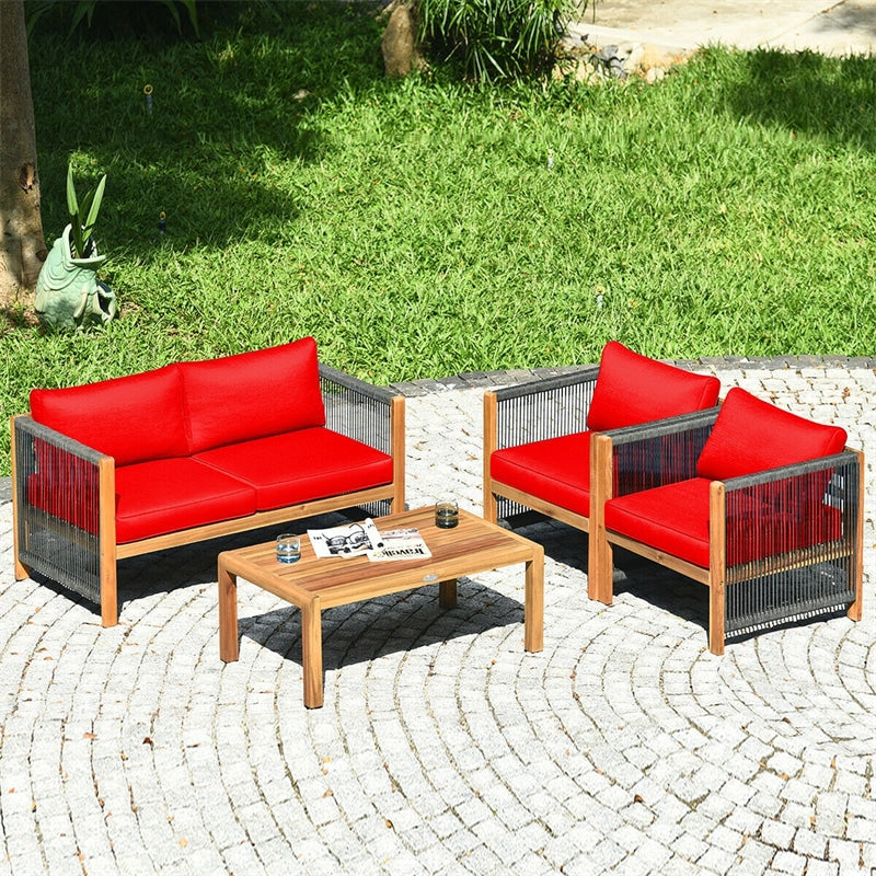 4 Piece Outdoor Acacia Wood Patio Conversation Sofa Set with Coffee Table & Cushions