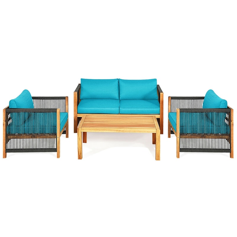 4 Piece Wood Patio Conversation Set Acacia Frame Outdoor Loveseat Sofa Set with Coffee Table & Cushions