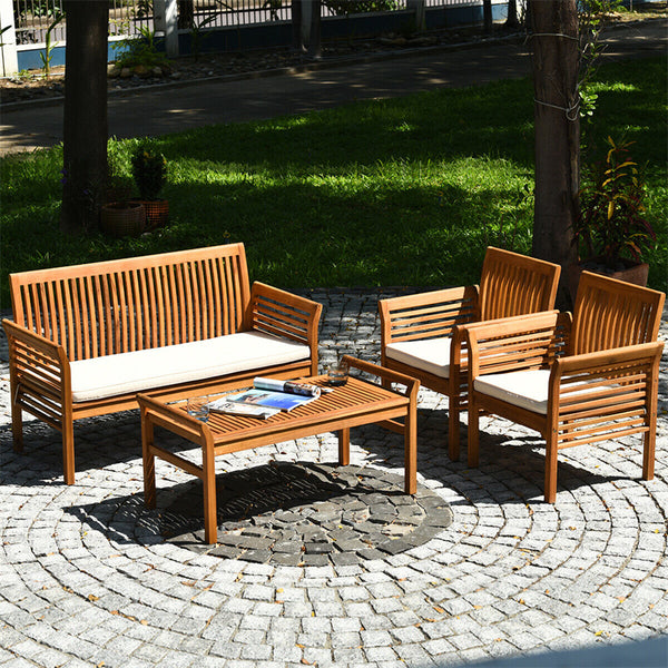 4 Piece Outdoor Acacia Wood Sofa Set with Waterproof Cushions & Coffee Table, Padded Patio Conversation Table Chair Set for Garden Backyard Poolside