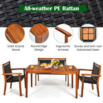 4-Piece Rattan Patio Dining Set Outdoor Acacia Wood Dining Table Chairs Set with Umbrella Hole