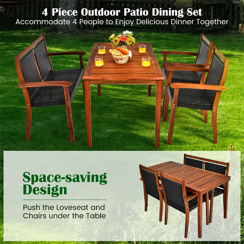 4 Piece Wicker Patio Dining Set for 4, Space Saving Outdoor Acacia Wood Dining Table & PE Rattan Loveseat Chairs Set with Umbrella Hole