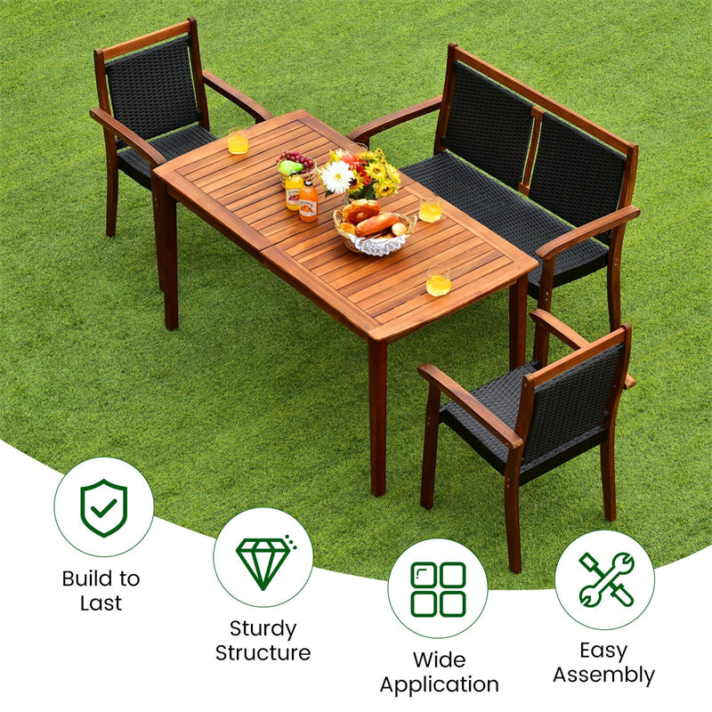 4-Piece Outdoor Wicker Dining Set Acacia Wood Patio Dining Table Rattan Loveseat Chairs with Umbrella Hole