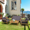 4 Piece Patio Rattan Conversation Set with Acacia Wood Table & Soft Cushions