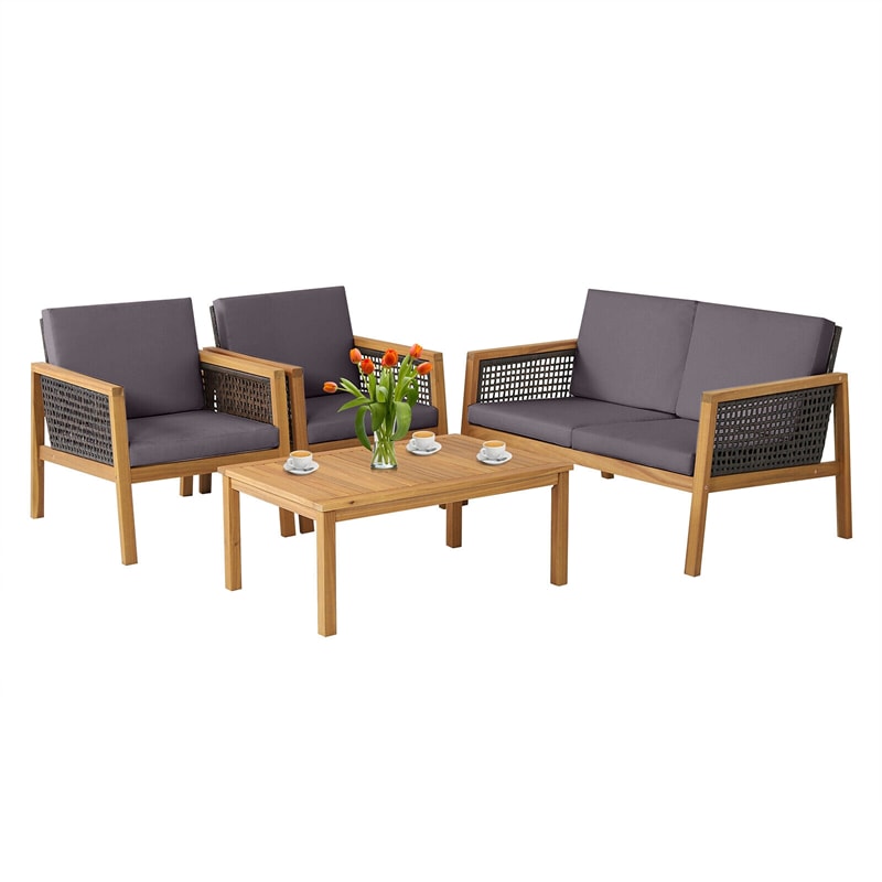4 Piece Acacia Wood Rattan Patio Conversation Set with Acacia Wood Coffee Table & Soft Cushions