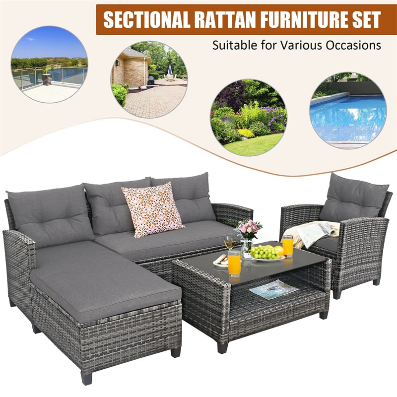 4 Piece Rattan Patio Conversation Set Wicker Outdoor Sectional Sofa Set with Coffee Table & Cushions